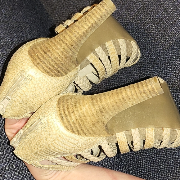 Apostrophe Sand Strappy & Braided Heels with Green Stones - Picture 5 of 10